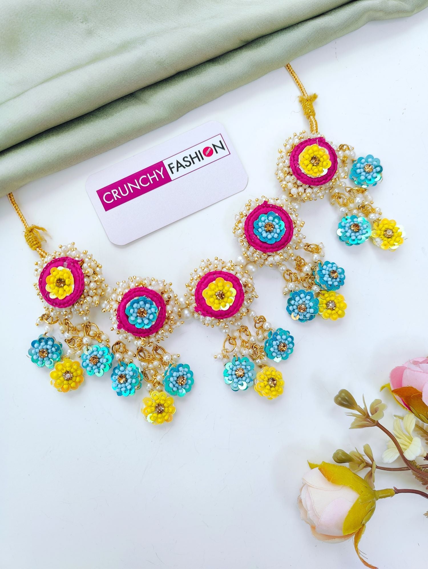 Pink, yellow, sky blue haldi jewellery set with handmade floral , ideal bridal floral jewellery for haldi ceremony 2026