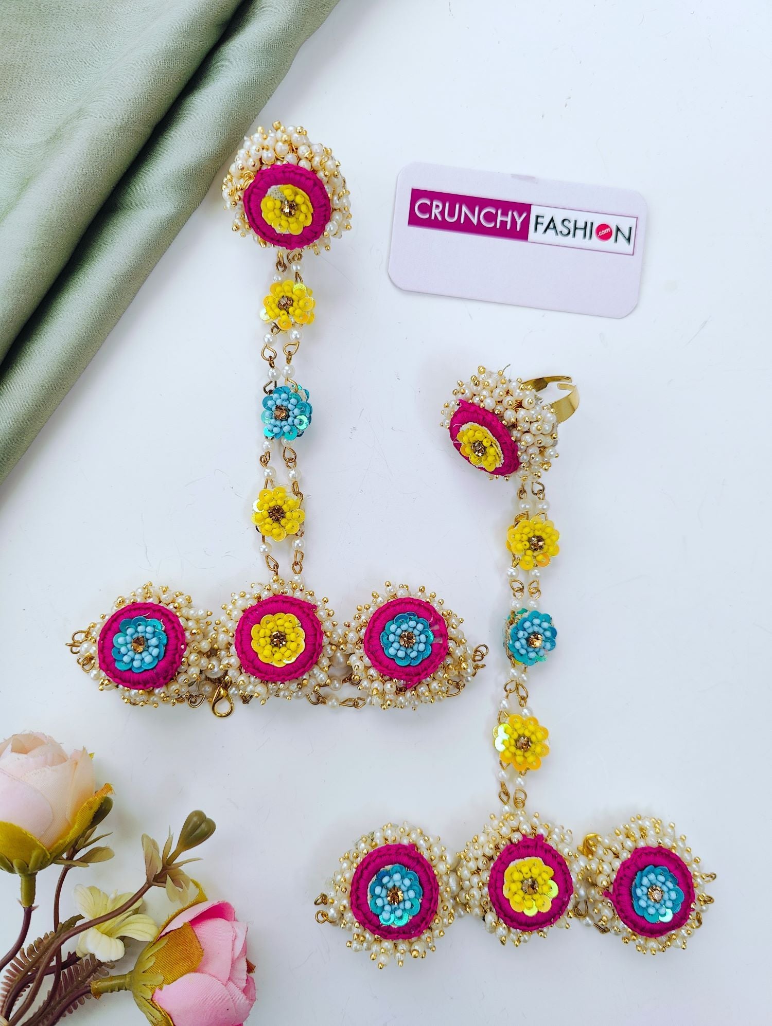 Pink, yellow, sky blue haldi jewellery set with handmade floral , ideal bridal floral jewellery for haldi ceremony 2026