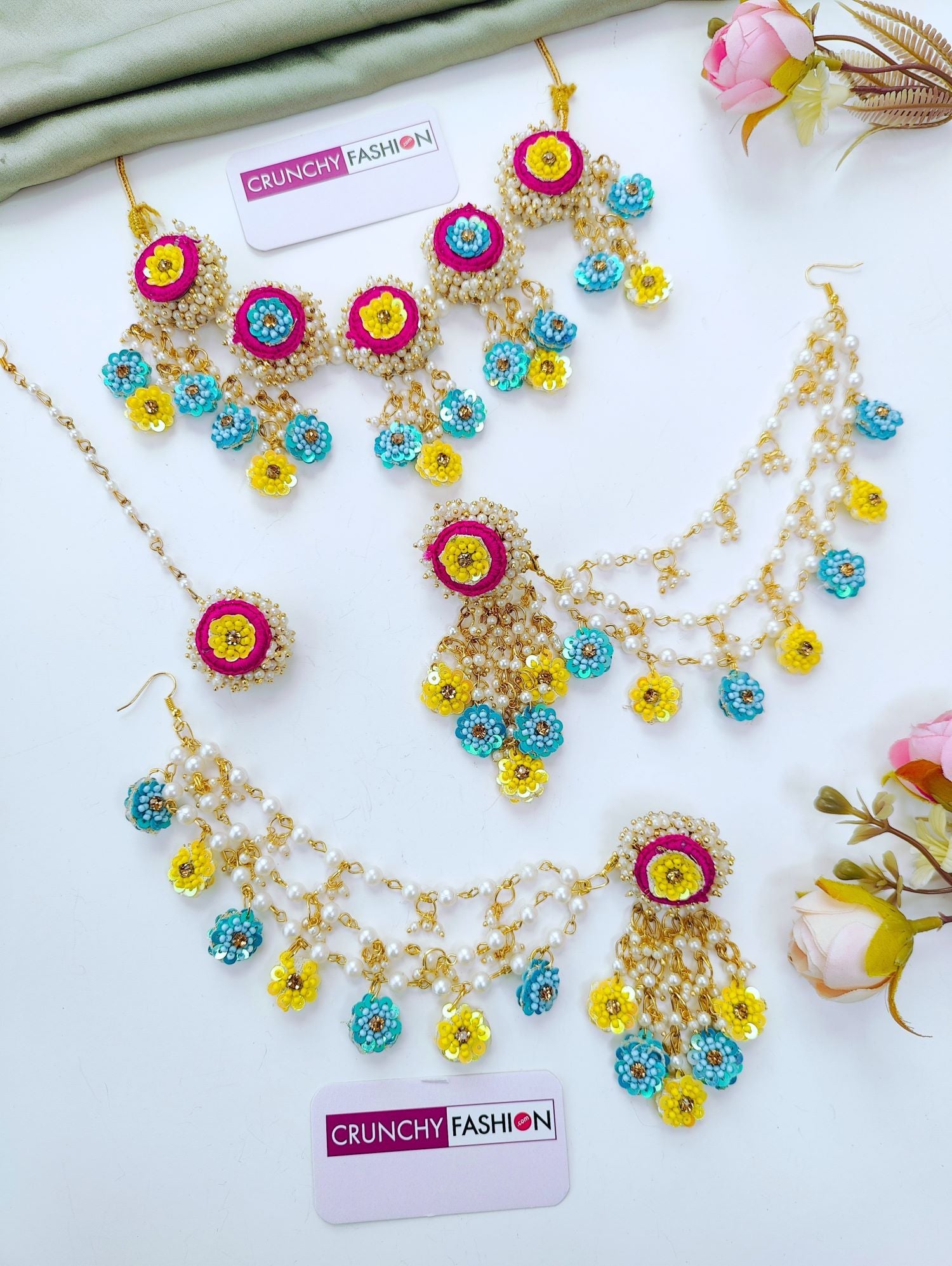 Pink, yellow, sky blue haldi jewellery set with handmade floral , ideal bridal floral jewellery for haldi ceremony 2026