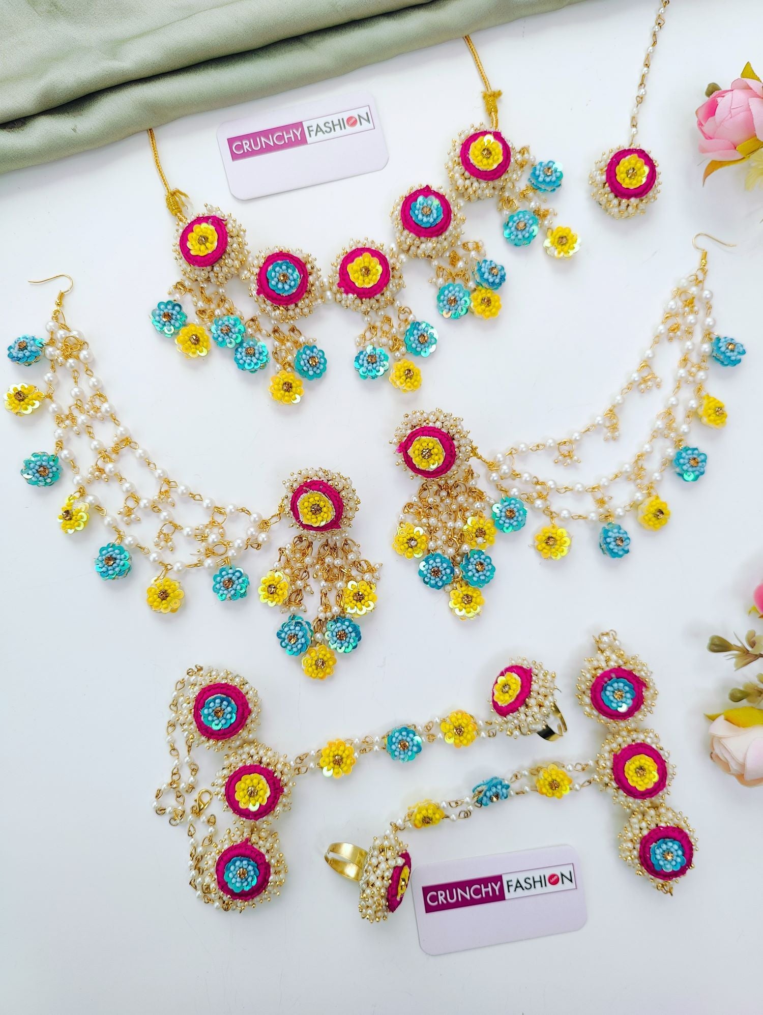 Pink, yellow, sky blue haldi jewellery set with handmade floral , ideal bridal floral jewellery for haldi ceremony 2026