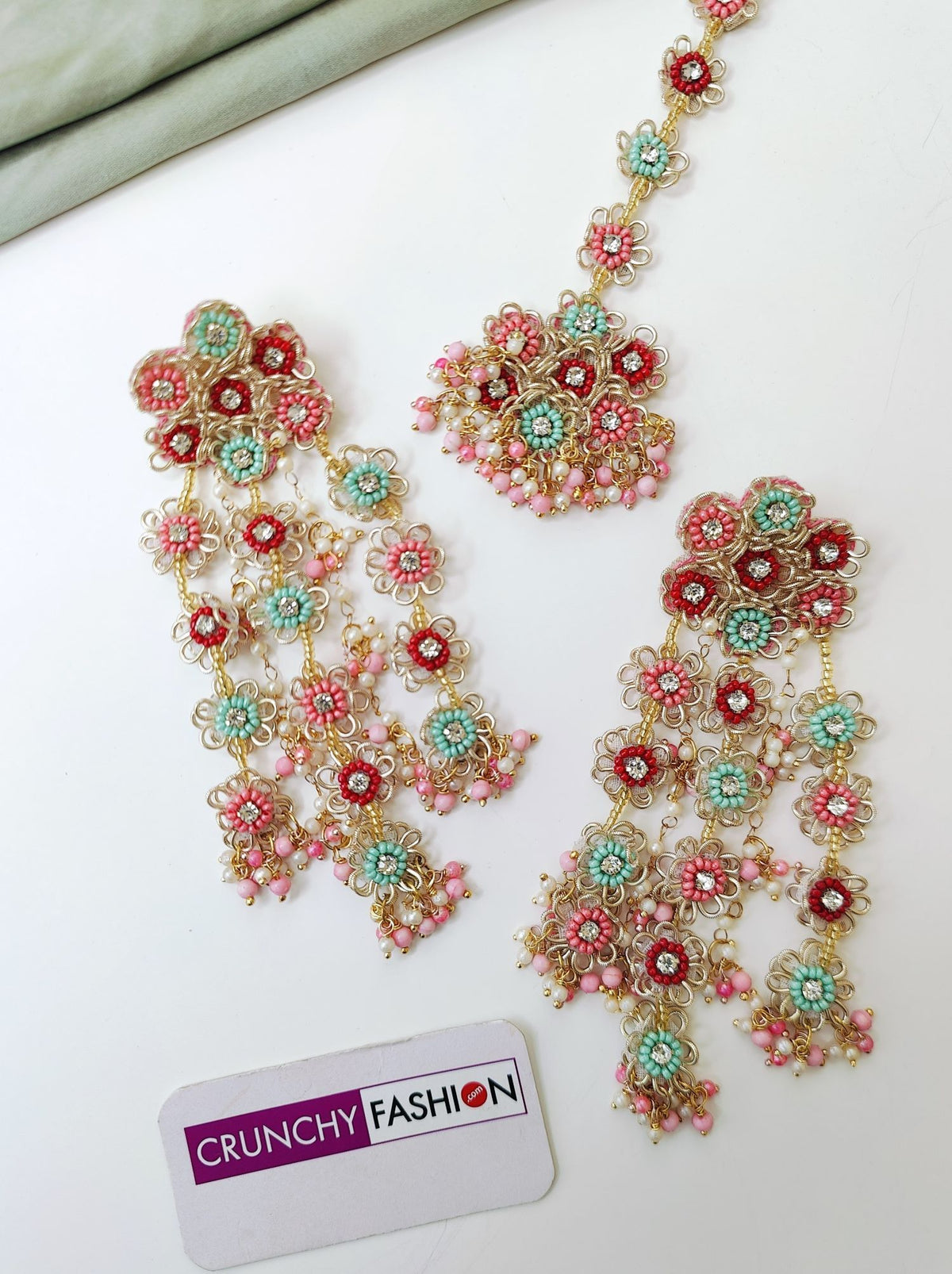 Pastel pink sky-blue haldi mehndi jewellery set, handmade beaded