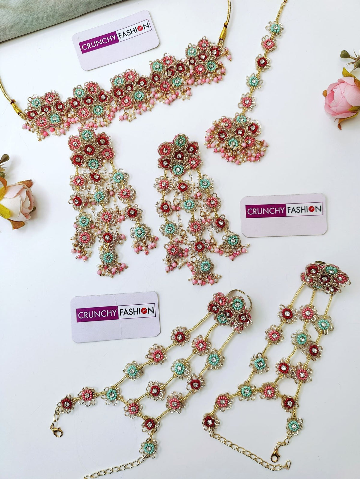 Pastel pink sky-blue haldi mehndi jewellery set, handmade beaded
