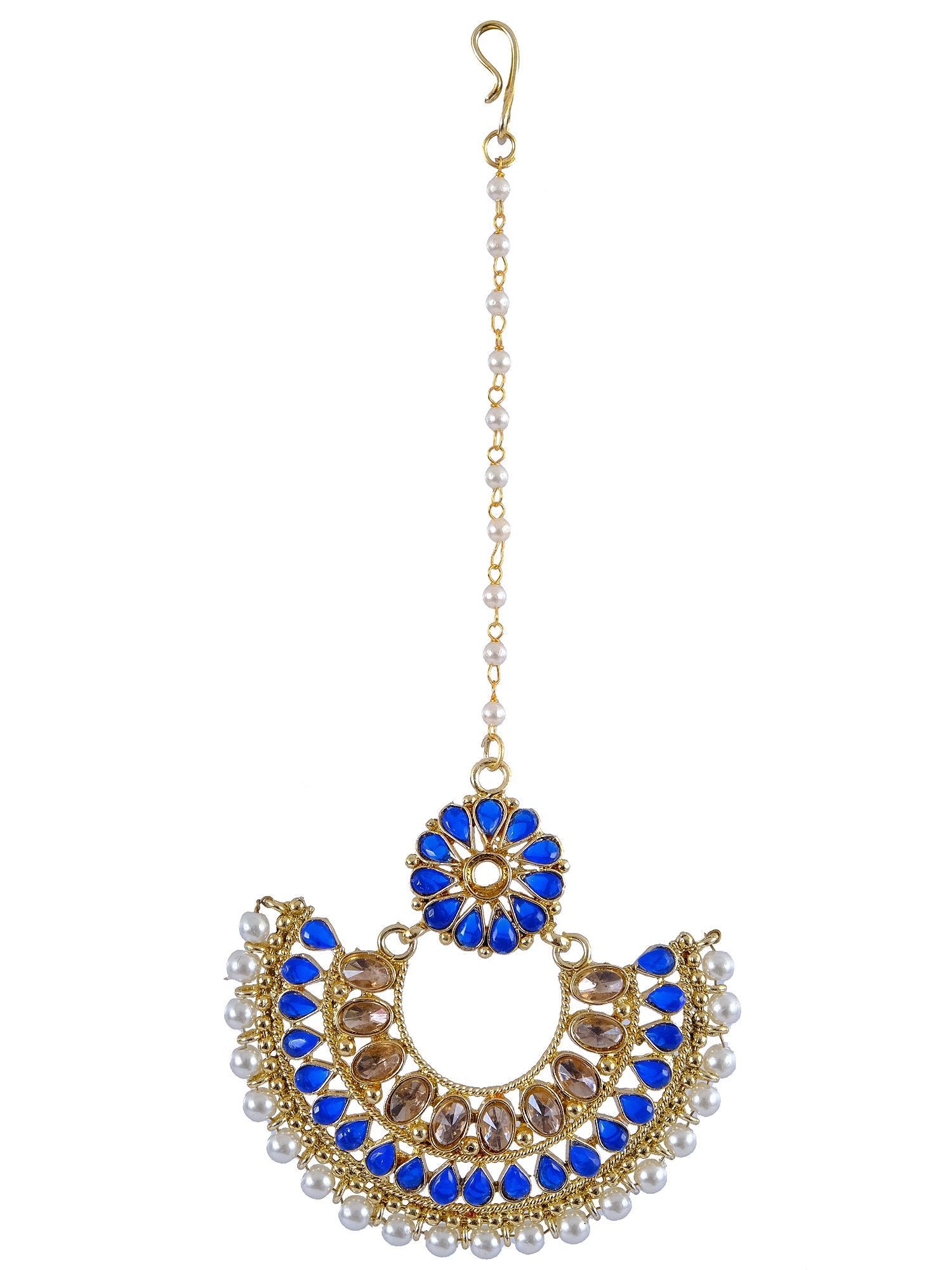 New design gold maang tikka with asymmetrical ethnic motif in a blend of blue and alloy for an exuberant festive look for women