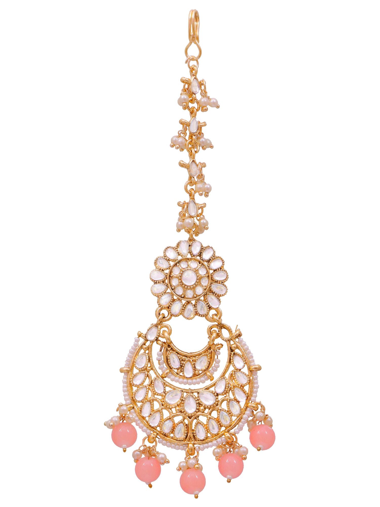 Ethnic maang tikka jewellery in gold and light pink colour, made of alloy, with an asymmetric design ideal for women and girls on festive, wedding, or anniversary occasions