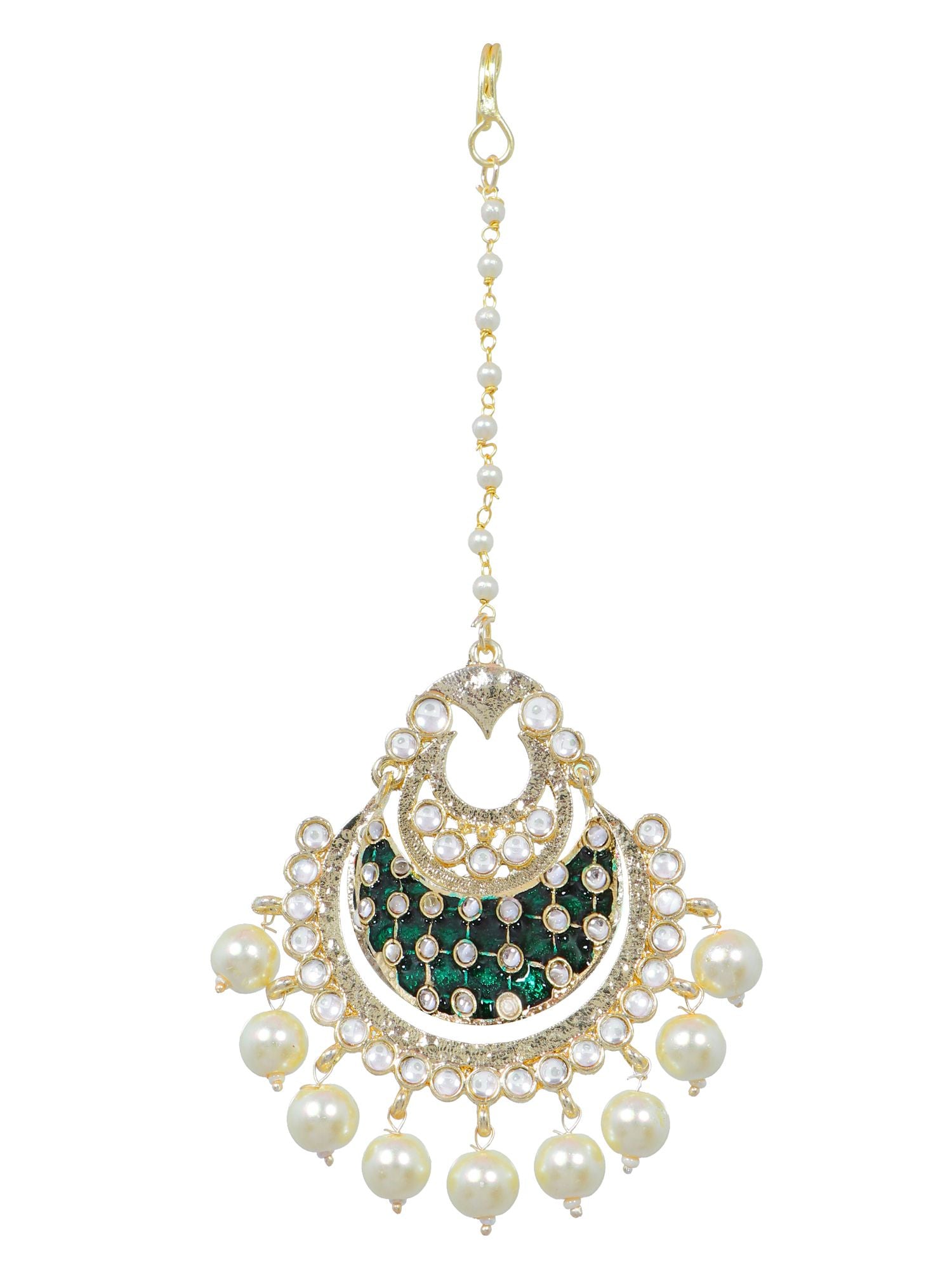 Ethnic and kundan designed green alloy maang tikka, ideal for women, suitable for festive occasions, weddings, parties, and all seasons.