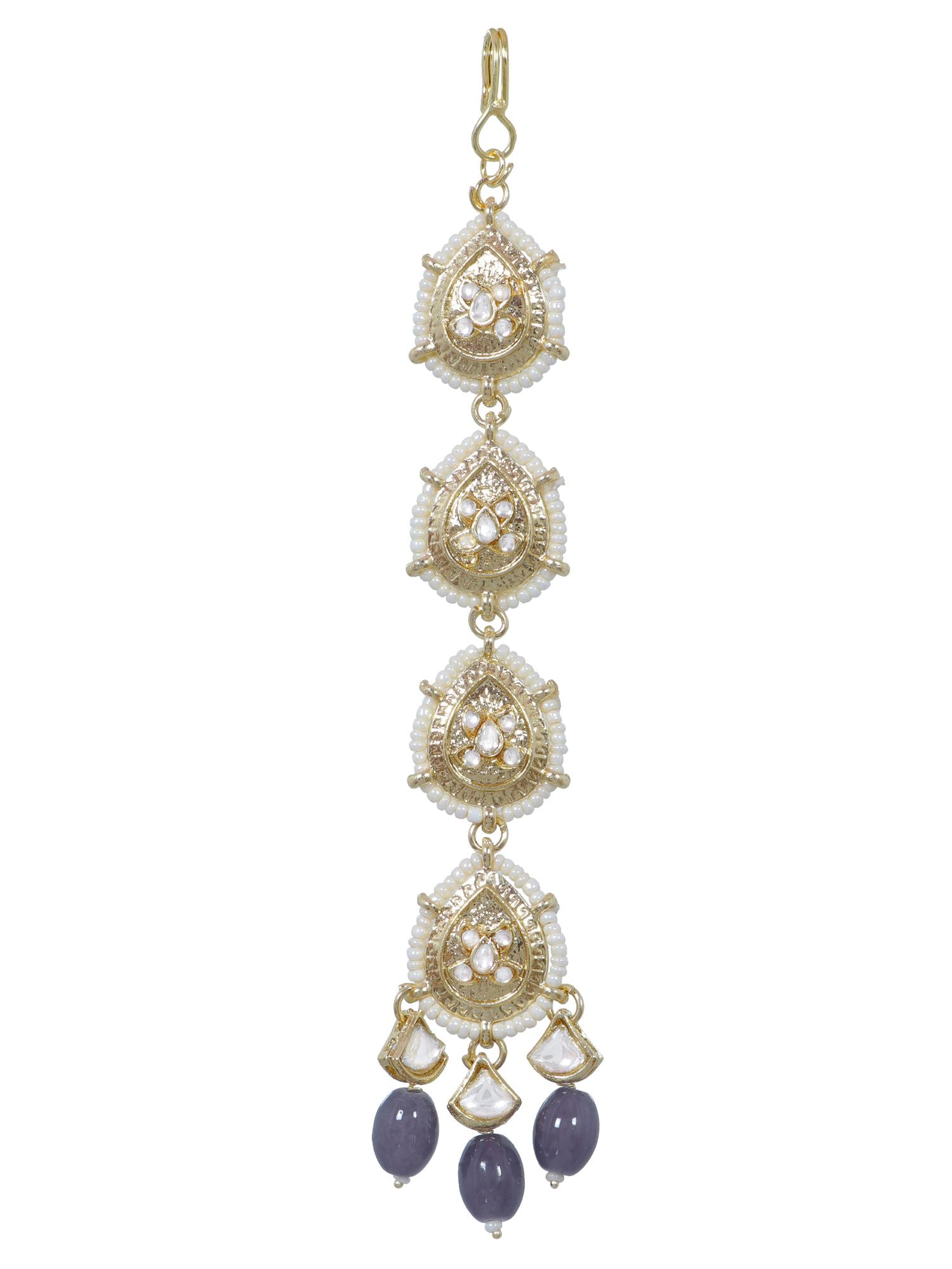Elegant kundan maang tikka jewellery in gold and blue alloy, ideal for women and girls on wedding, festival or engagement occasions