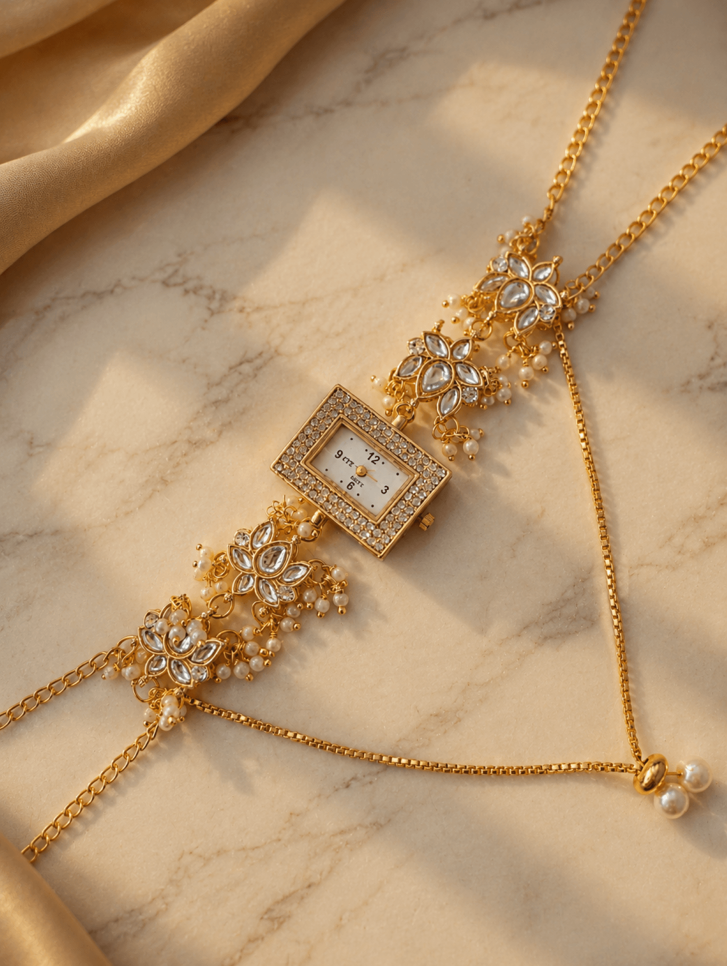 Kundan Lotus watch with Kashmiri pearls, kundan beads, rectangle dial