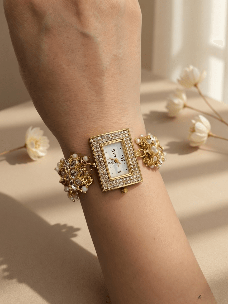 Kundan Lotus watch with Kashmiri pearls, kundan beads, rectangle dial