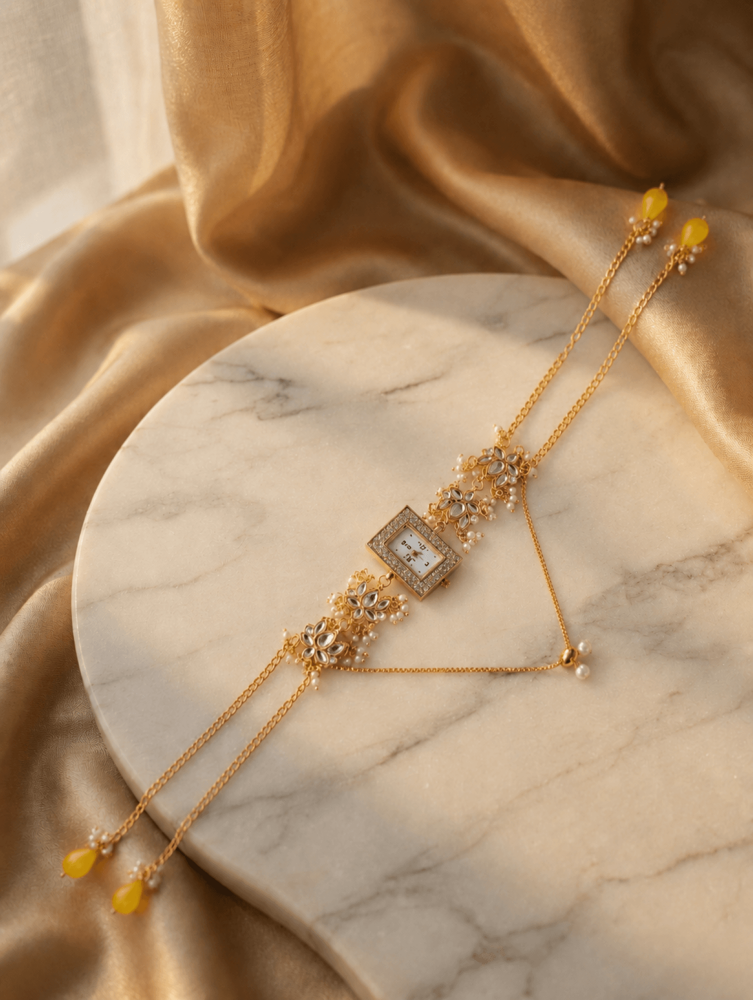 Kundan Lotus watch with Kashmiri pearls, kundan beads, rectangle dial