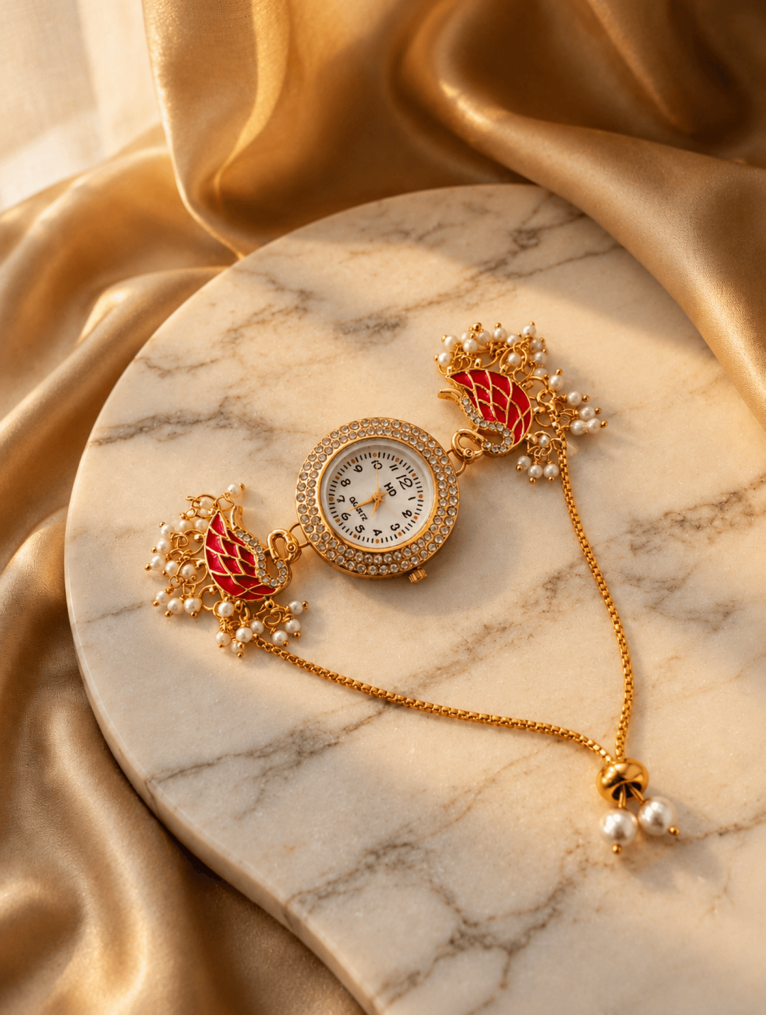 Ruby red gold plated kundan floral watch with Kashmiri pearls