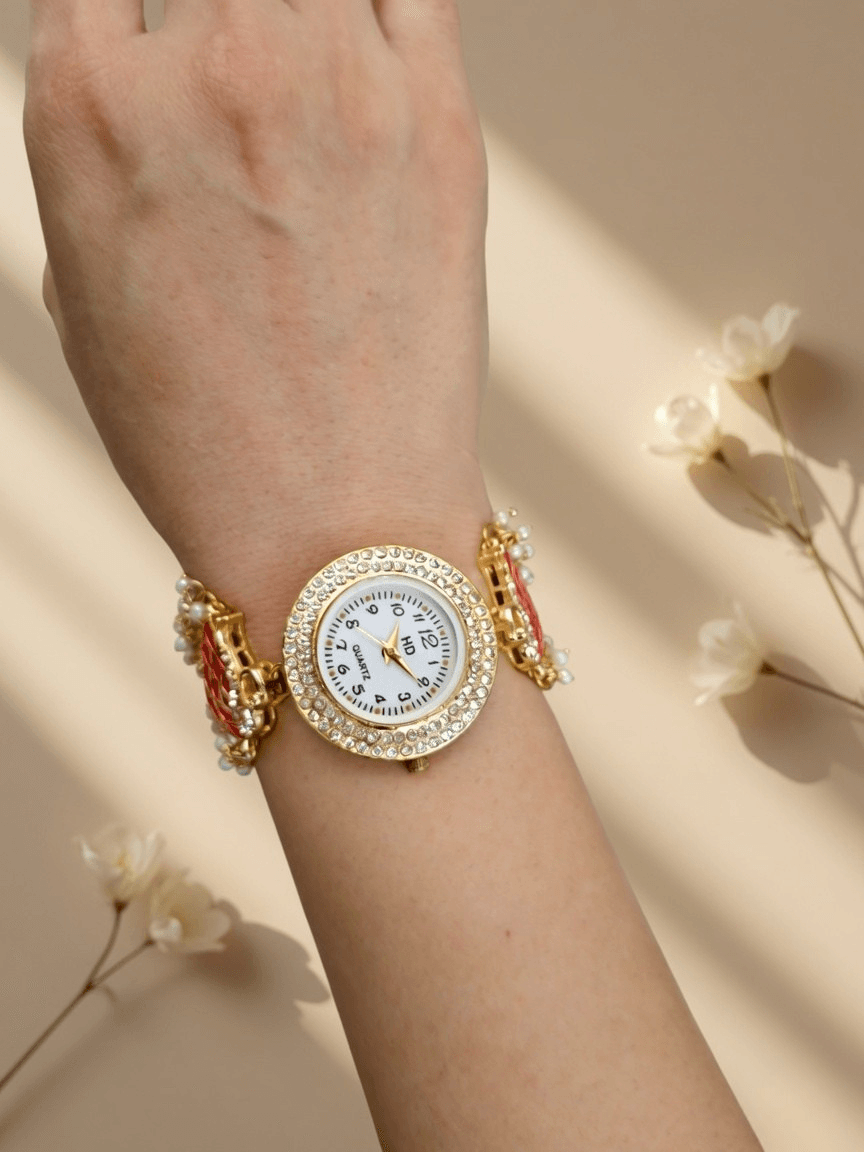 Ruby red gold plated kundan floral watch with Kashmiri pearls