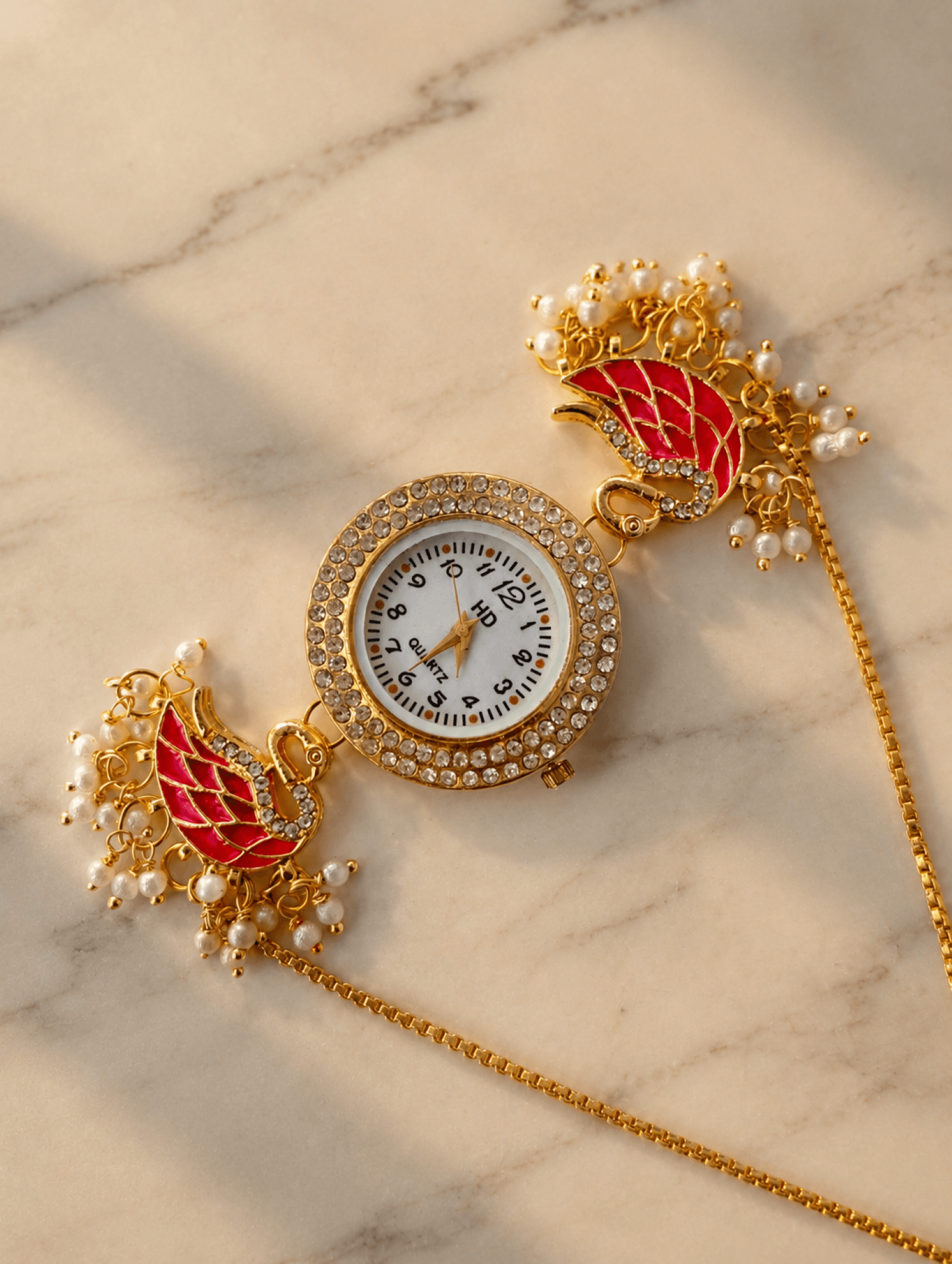 Ruby red gold plated kundan floral watch with Kashmiri pearls