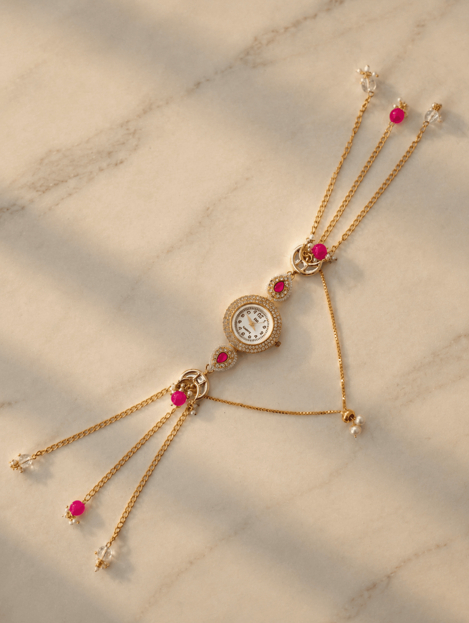Pink stone gold kundan floral watch with Kashmiri pearl bracelet