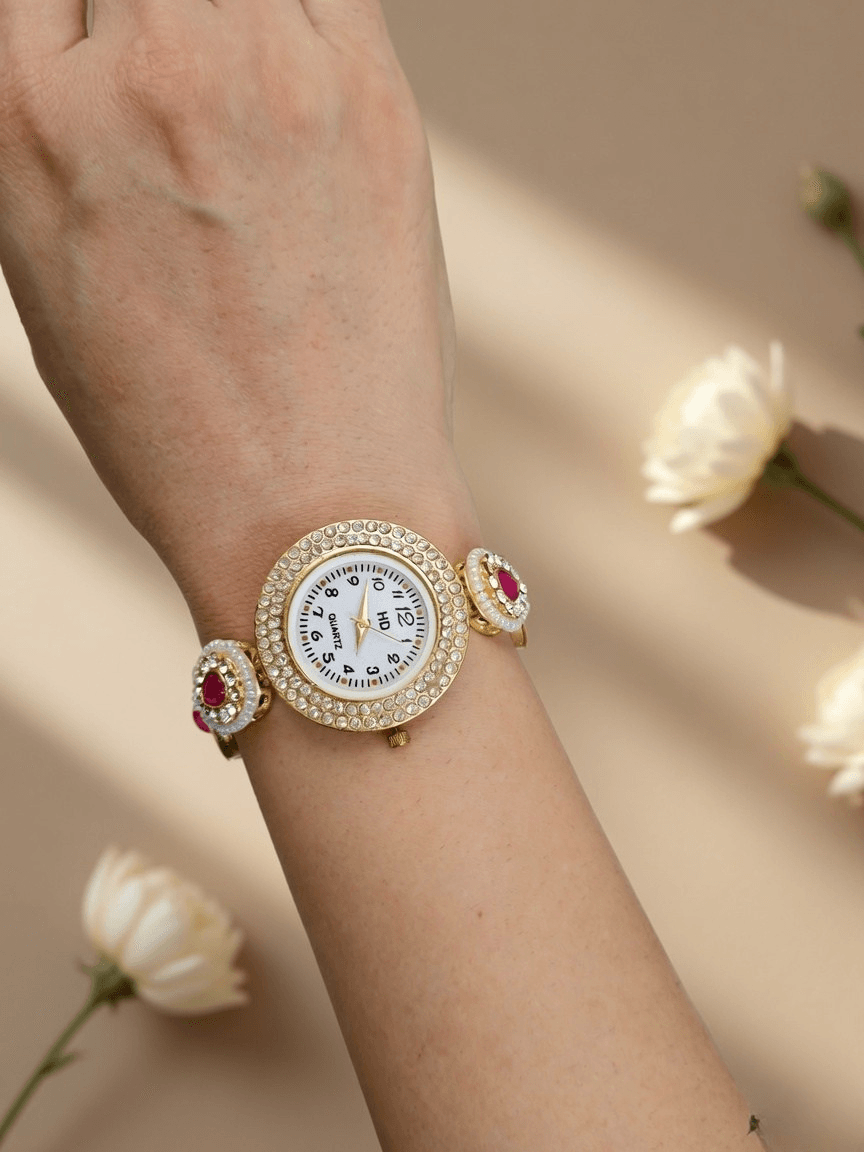 Pink stone gold kundan floral watch with Kashmiri pearl bracelet