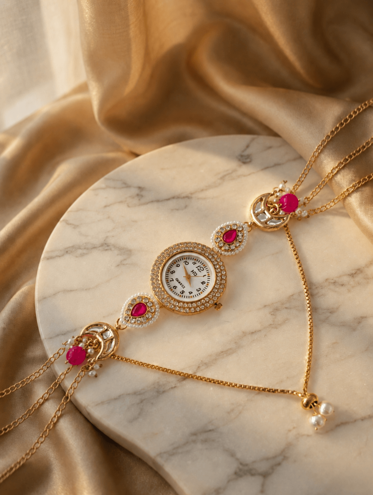 Pink stone gold kundan floral watch with Kashmiri pearl bracelet