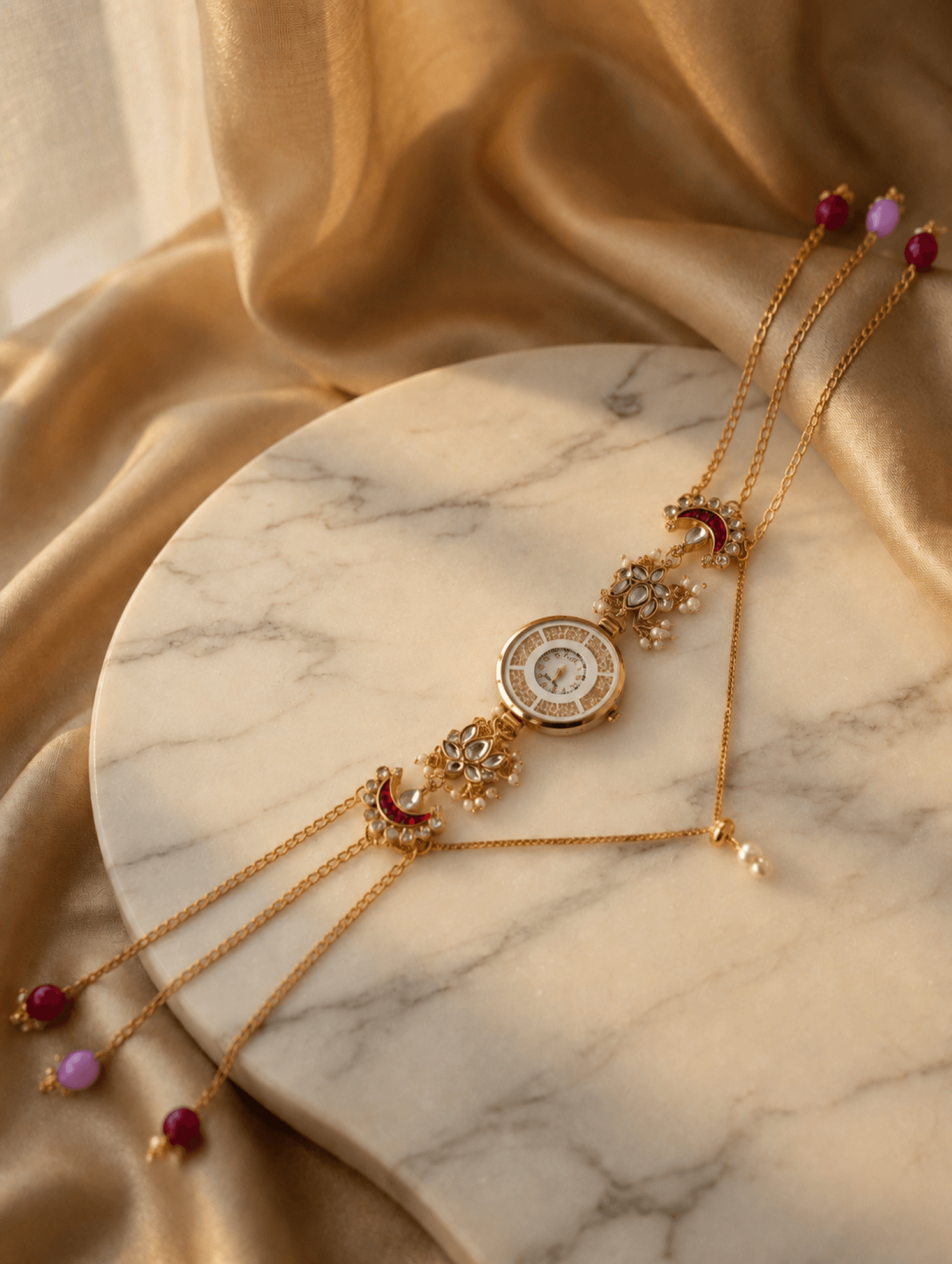 lavender kundan floral watch with ruby red gold plated round dial
