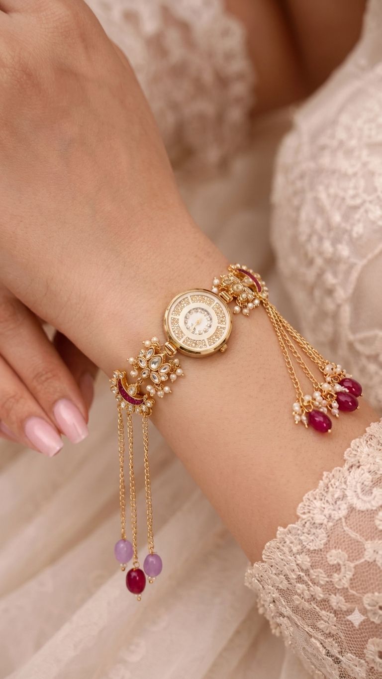 lavender kundan floral watch with ruby red gold plated round dial