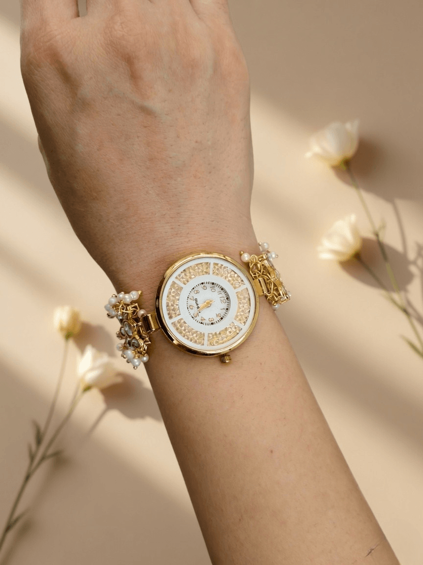 lavender kundan floral watch with ruby red gold plated round dial
