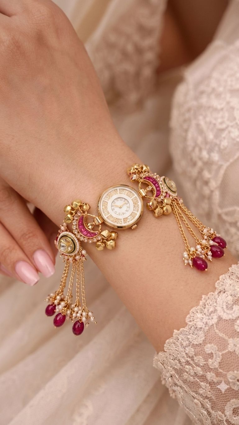 lavender kundan floral watch with ruby red gold plated round dial