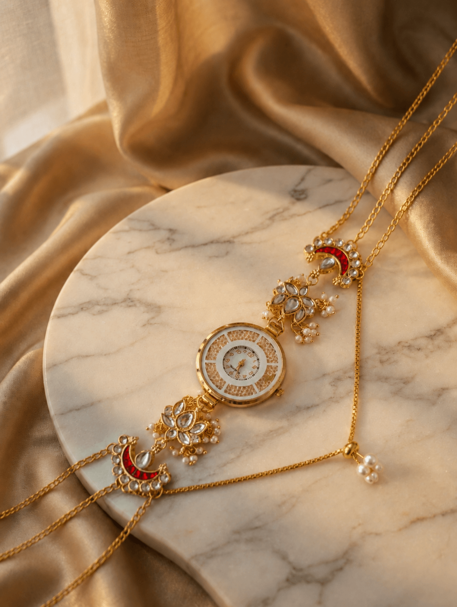 lavender kundan floral watch with ruby red gold plated round dial