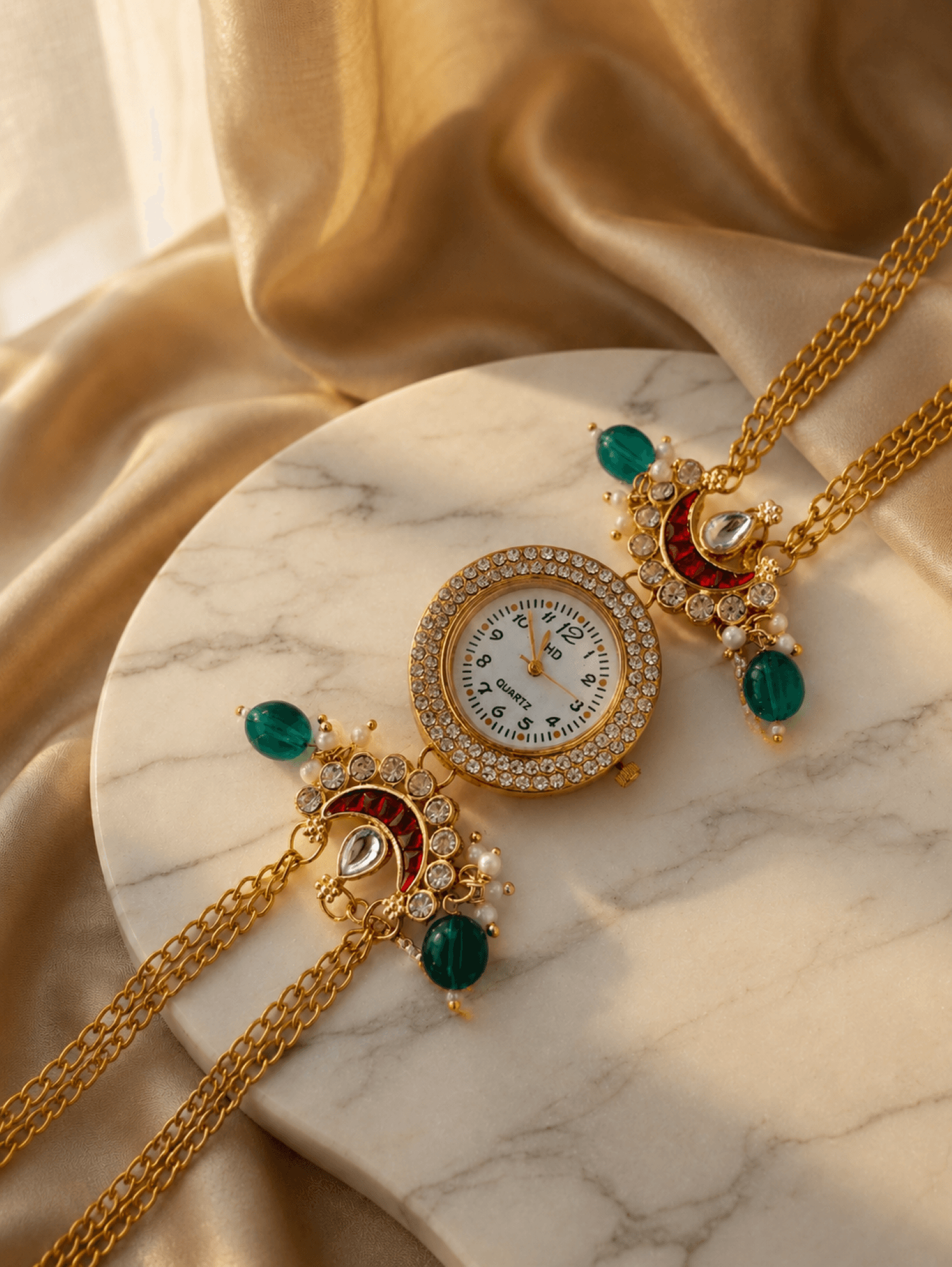Green and red kundan floral bracelet watch with kashmiri pearls