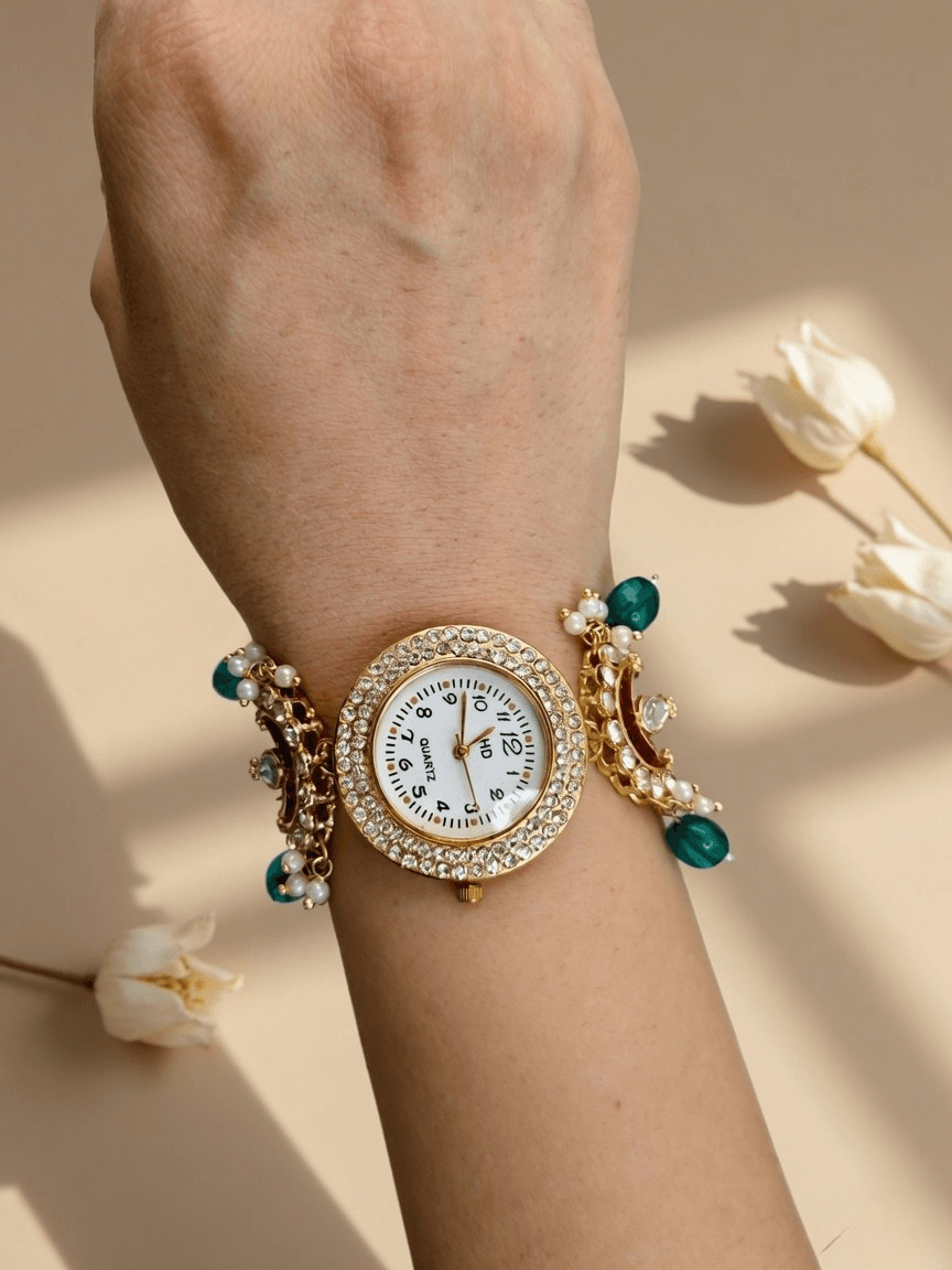 Green and red kundan floral bracelet watch with kashmiri pearls