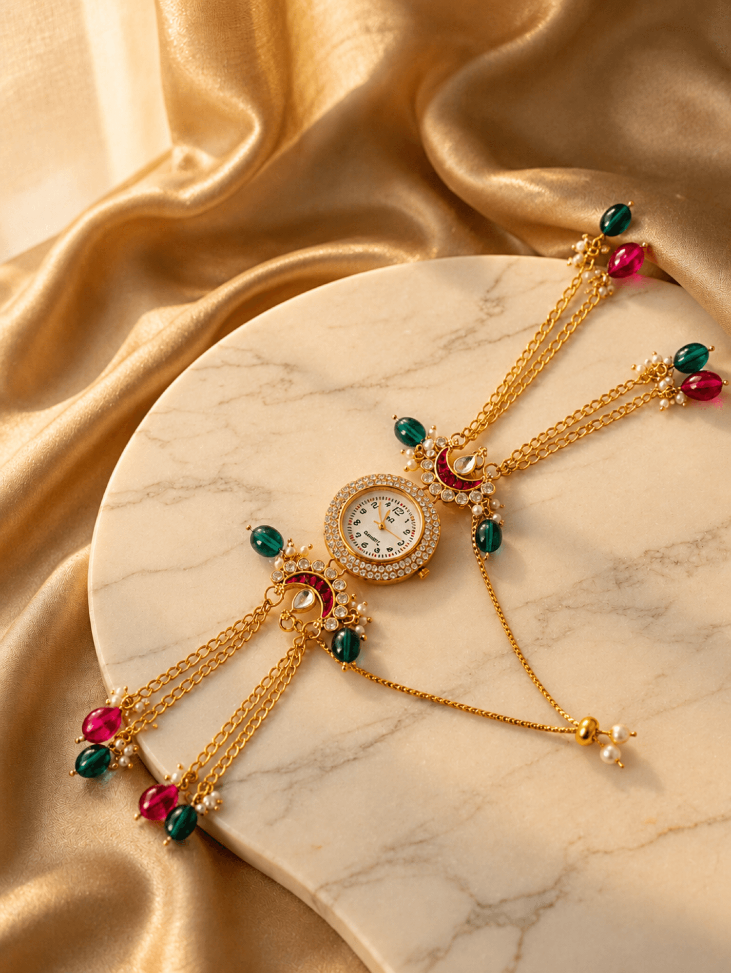 Green and red kundan floral bracelet watch with kashmiri pearls