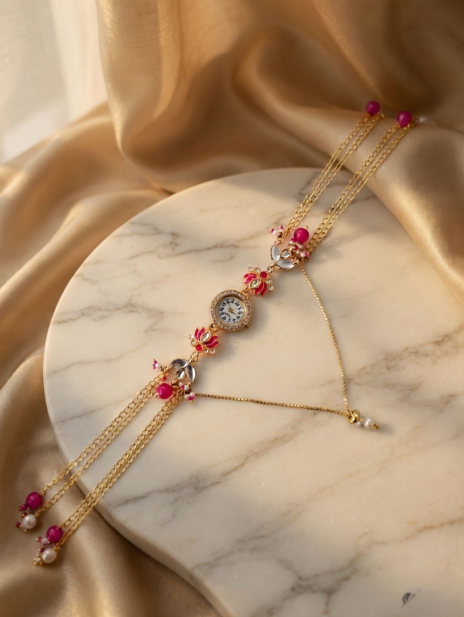 Lotus motif kashmiri bracelet watch with magenta floral dial and kundan