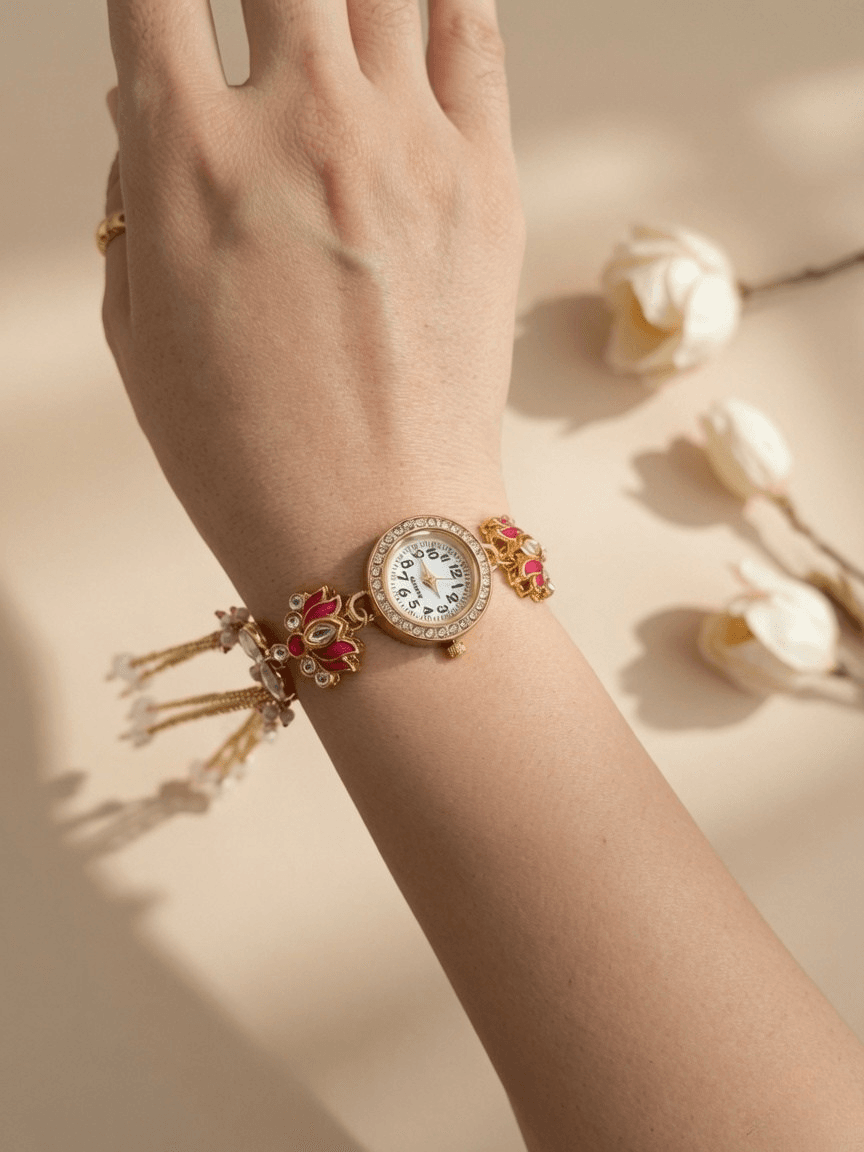 Lotus motif kashmiri bracelet watch with magenta floral dial and kundan