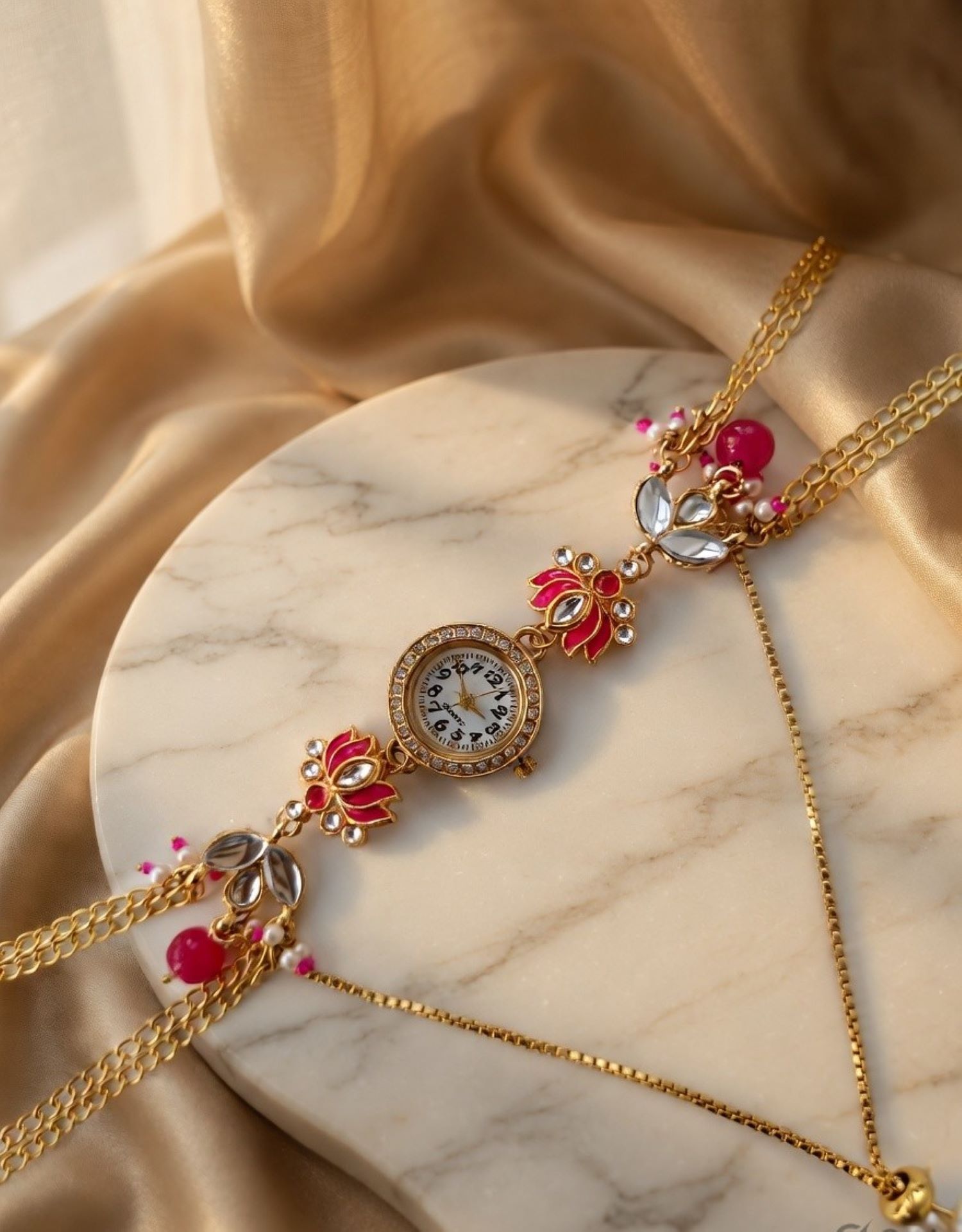Lotus motif kashmiri bracelet watch with magenta floral dial and kundan