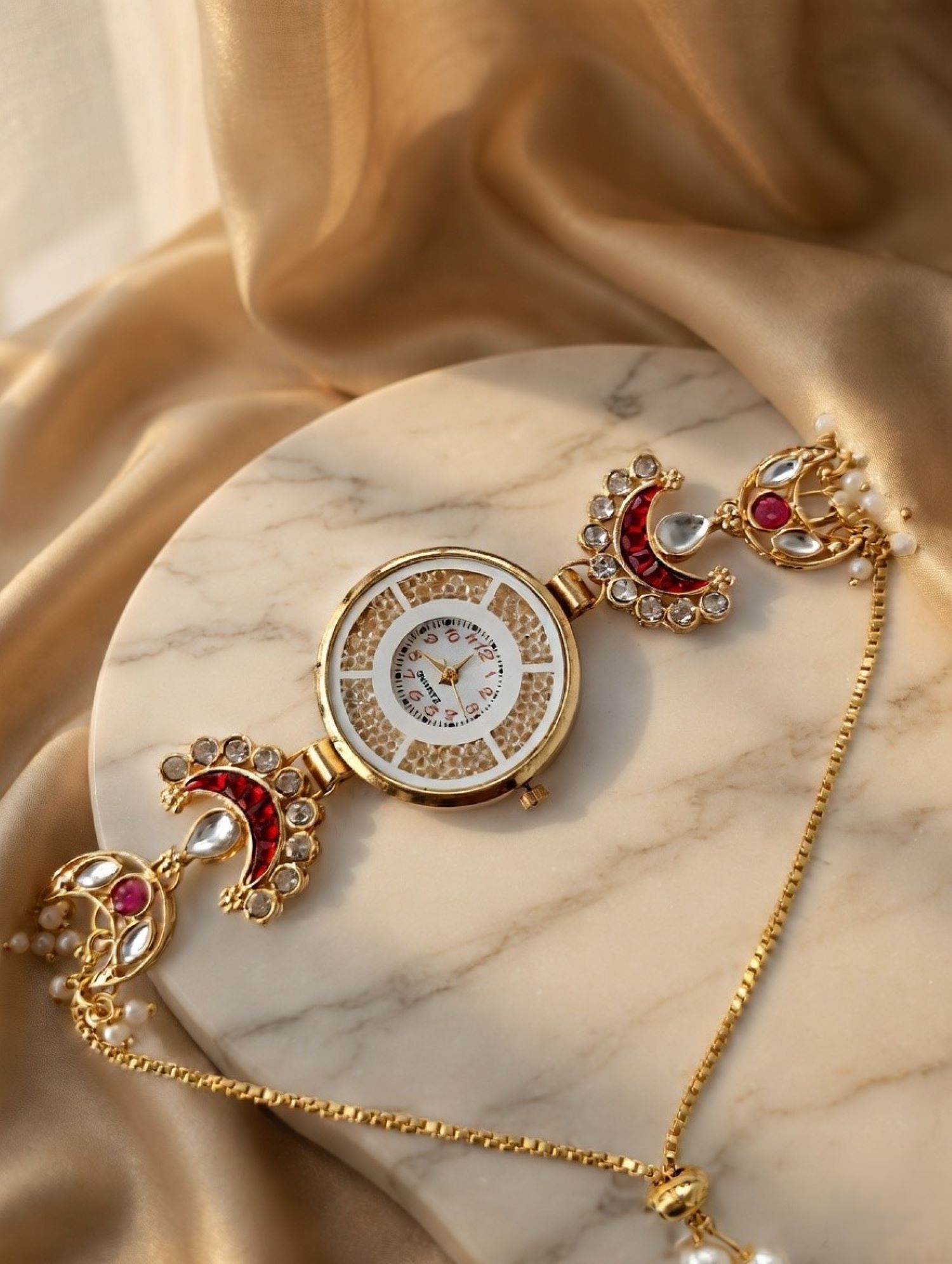 Chandbali style gold bracelet watch with Kundan, ruby floral dial