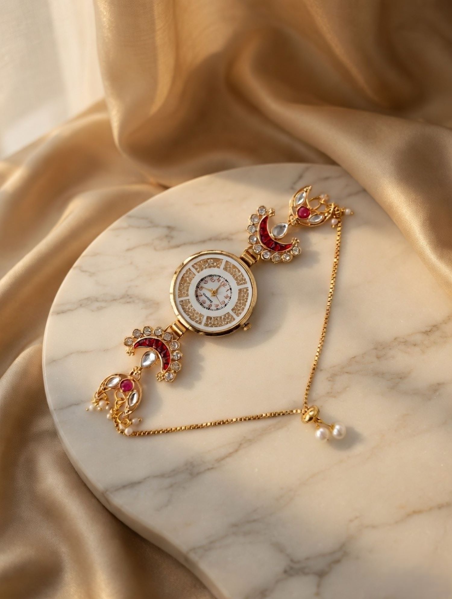 Chandbali style gold bracelet watch with Kundan, ruby floral dial
