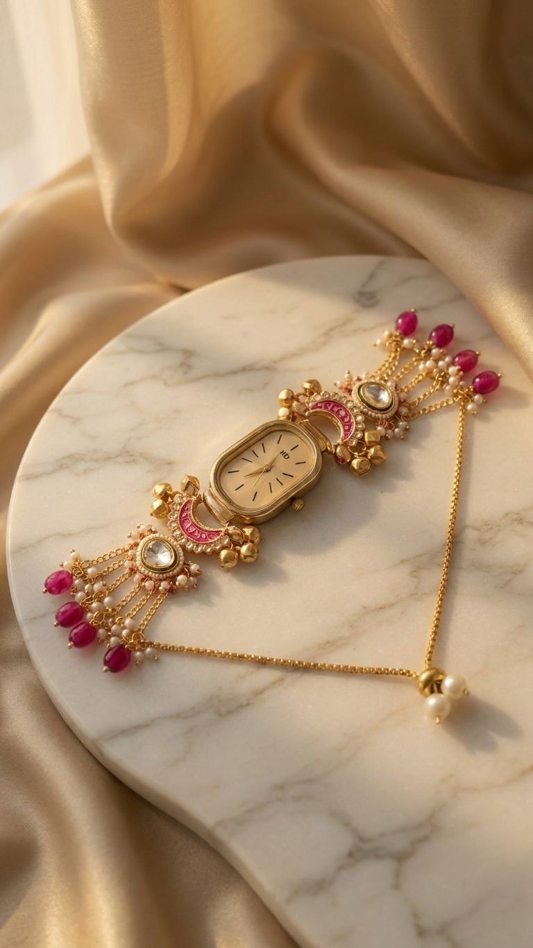 Elephant motif gold bracelet watch with red green kundan and pearls