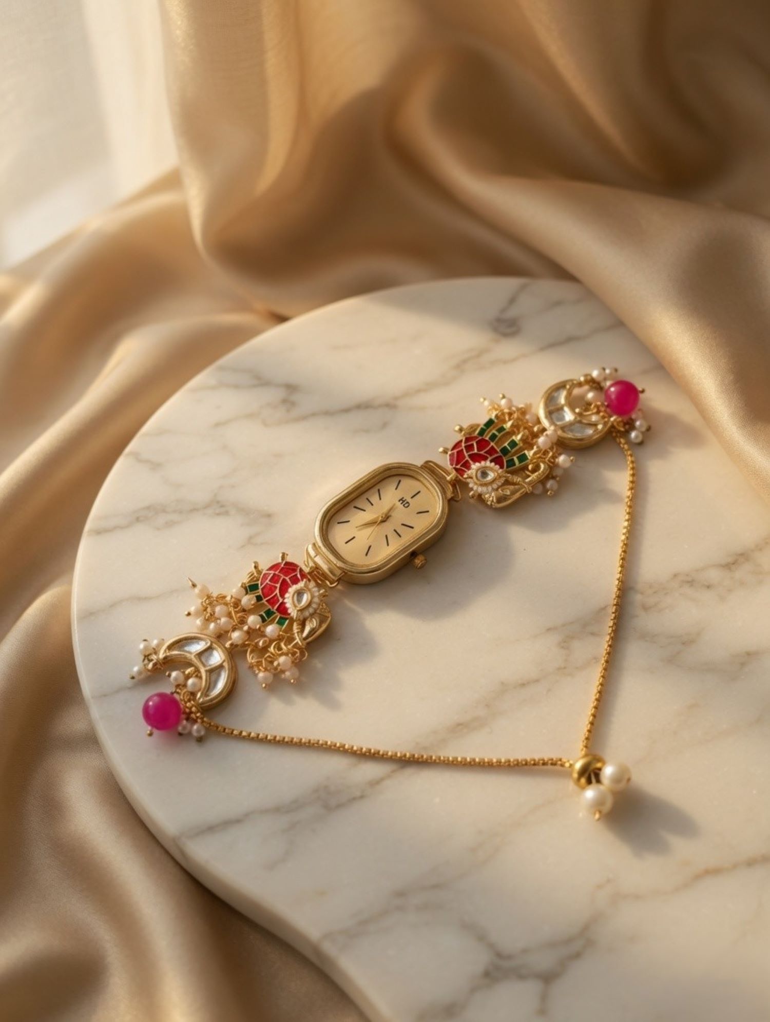 Elephant motif gold bracelet watch with red green kundan and pearls
