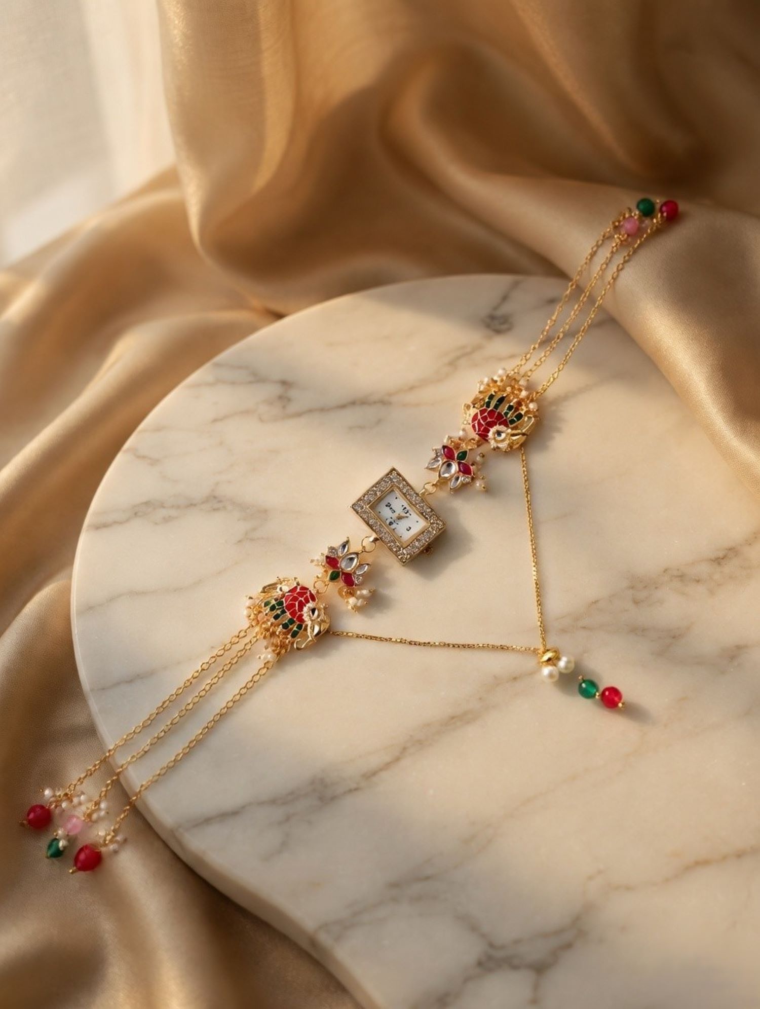 Multicolor Kundan bracelet watch with lotus motif, floral Rakhi design