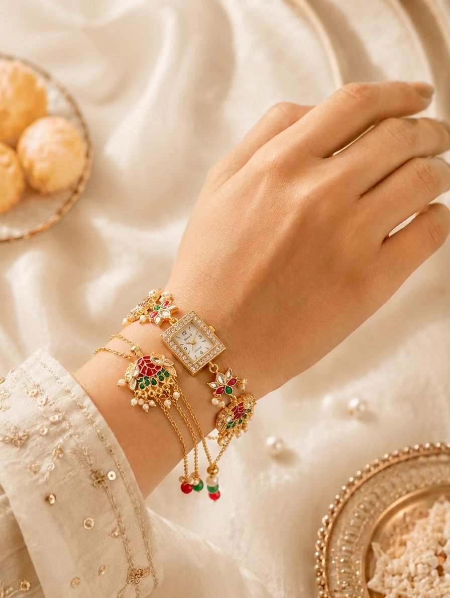 Multicolor Kundan bracelet watch with lotus motif, floral Rakhi design