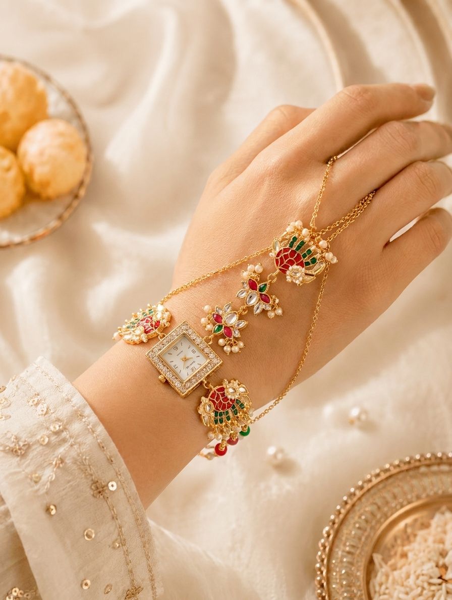 Multicolor Kundan bracelet watch with lotus motif, floral Rakhi design