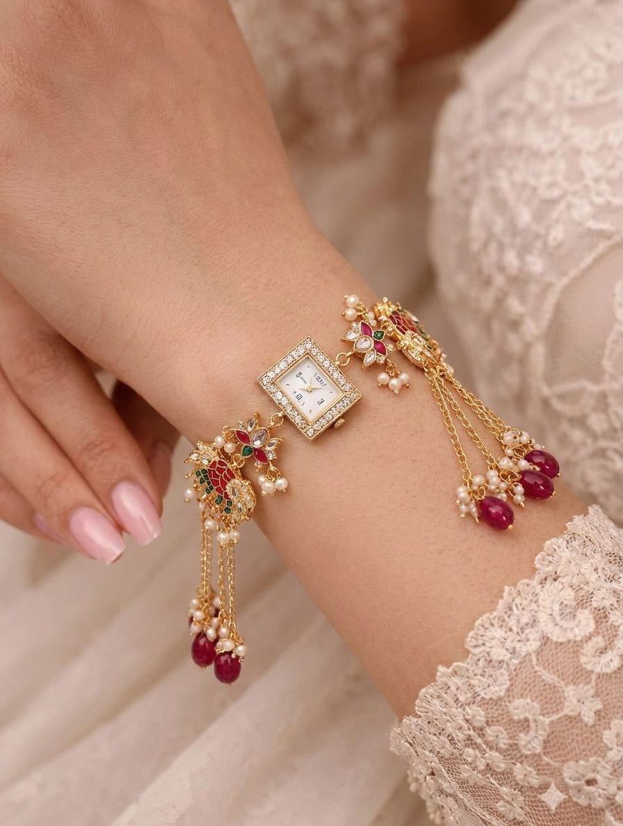Multicolor Kundan bracelet watch with lotus motif, floral Rakhi design