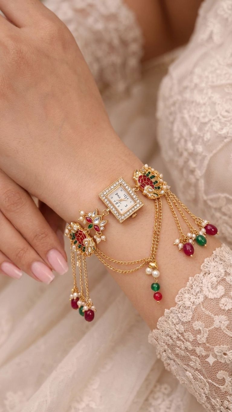 Multicolor Kundan bracelet watch with lotus motif, floral Rakhi design