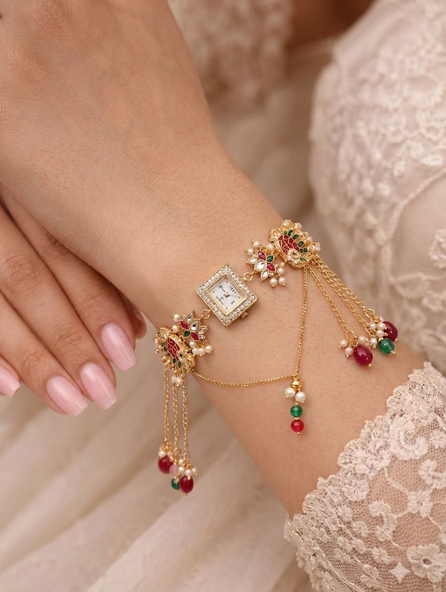 Multicolor Kundan bracelet watch with lotus motif, floral Rakhi design