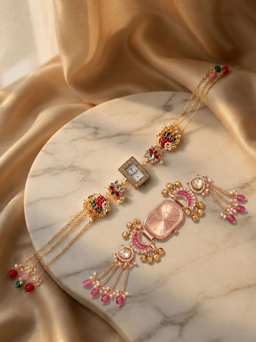Multicolor Kundan bracelet watch with lotus motif, floral Rakhi design