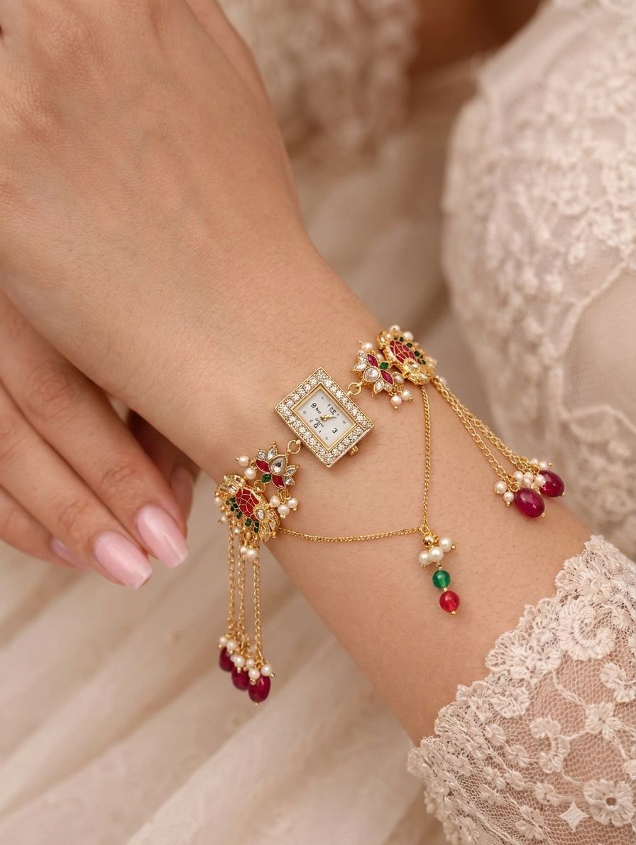 Multicolor Kundan bracelet watch with lotus motif, floral Rakhi design