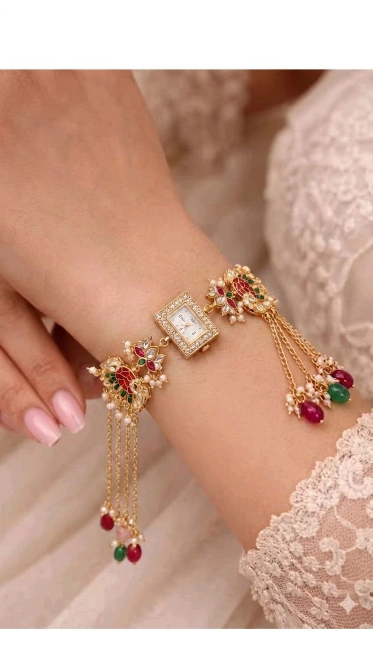 Multicolor Kundan bracelet watch with lotus motif, floral Rakhi design