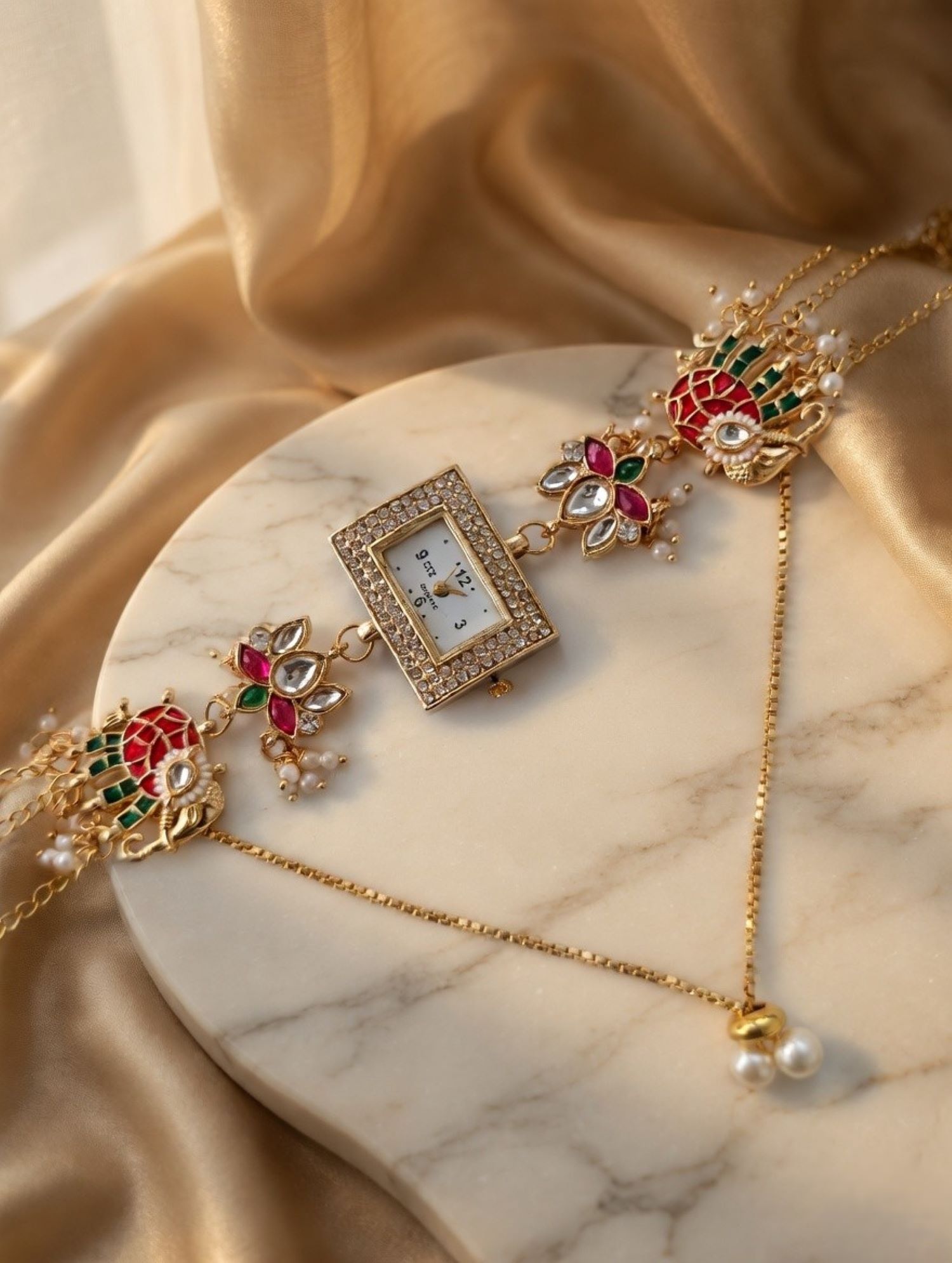 Multicolor Kundan bracelet watch with lotus motif, floral Rakhi design
