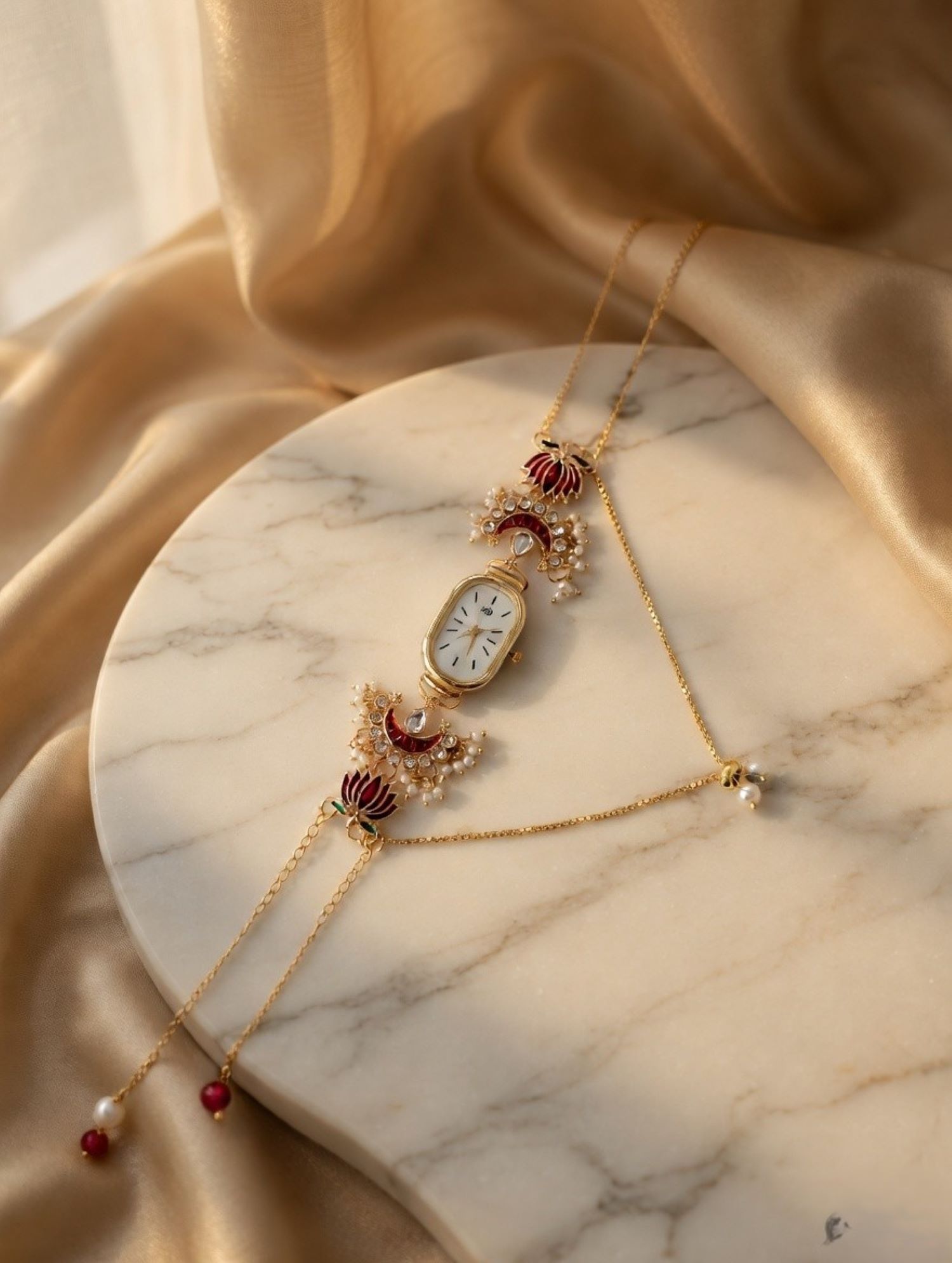 crescent moon kundan ethnic watch with red green chains for Rakhi