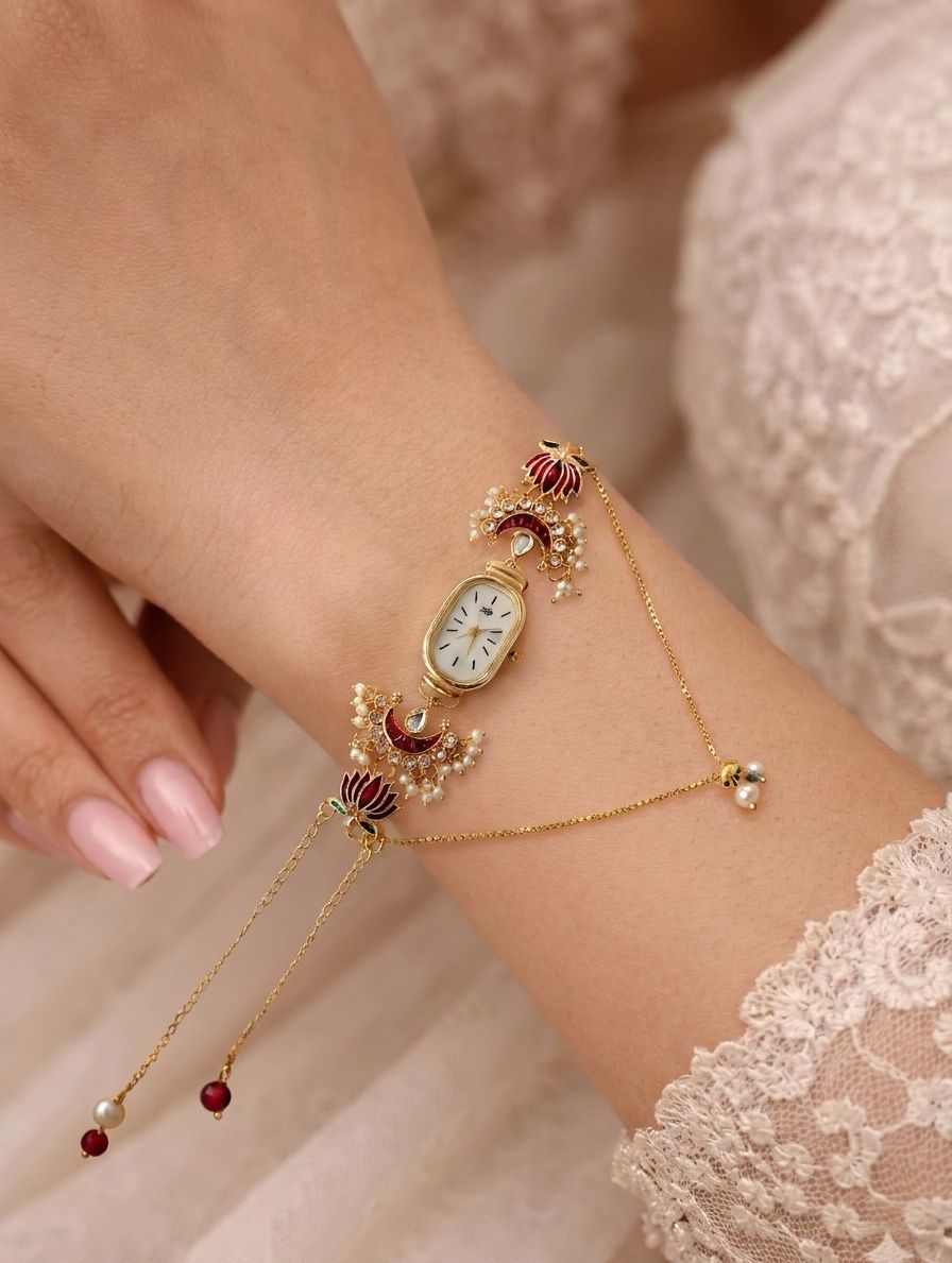 crescent moon kundan ethnic watch with red green chains for Rakhi