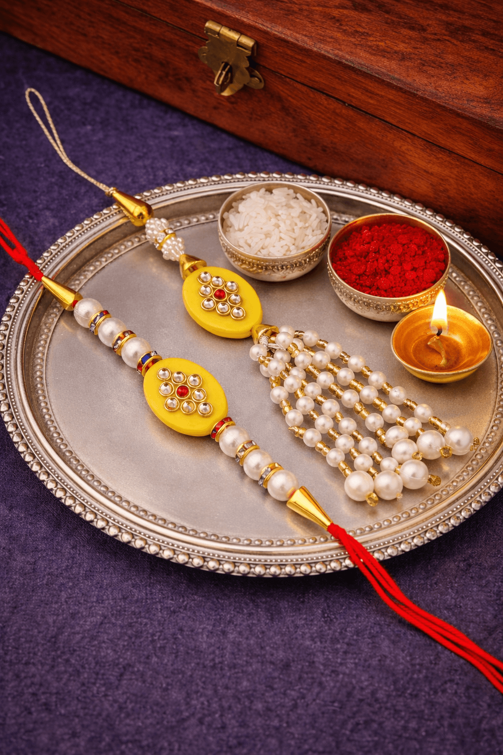 Handmade Rakhi 2026 Bhaiya Bhabhi Set with Kundan & Pearl Accents