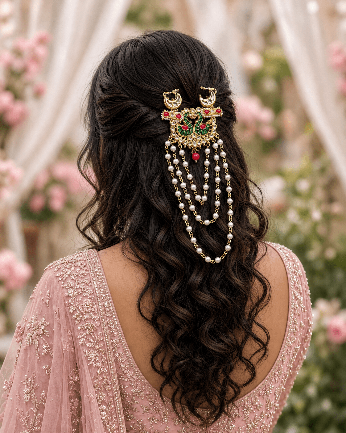 Green Peacock Kundan Hair Accessory for Weddings
