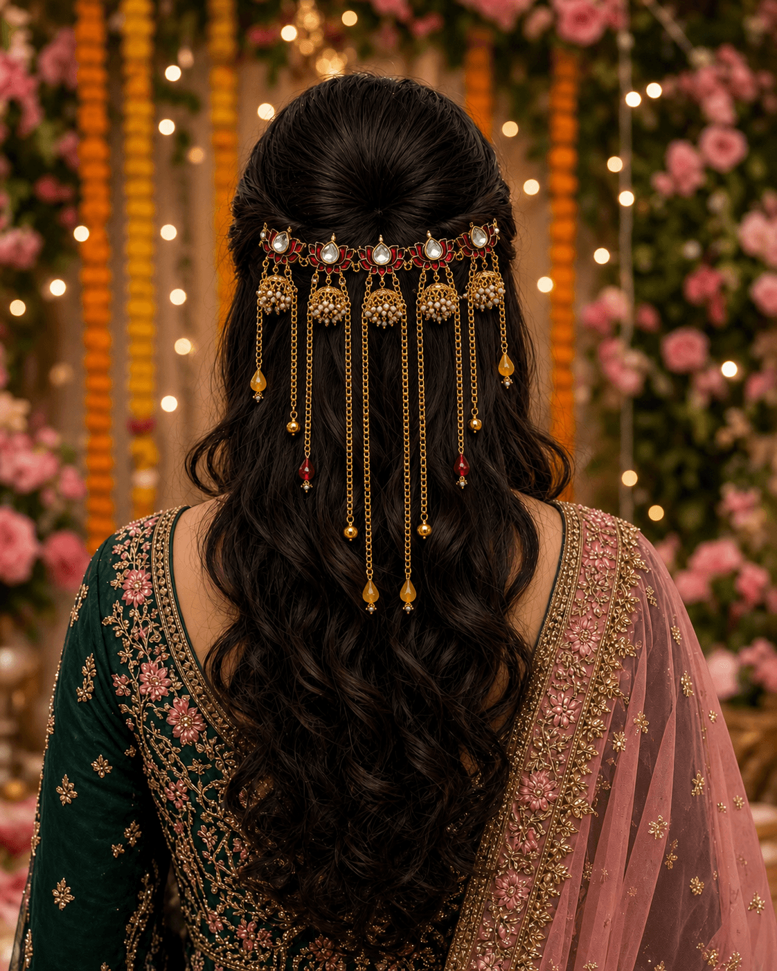 Maroon Kundan Lotus Hair Accessory with Pearls