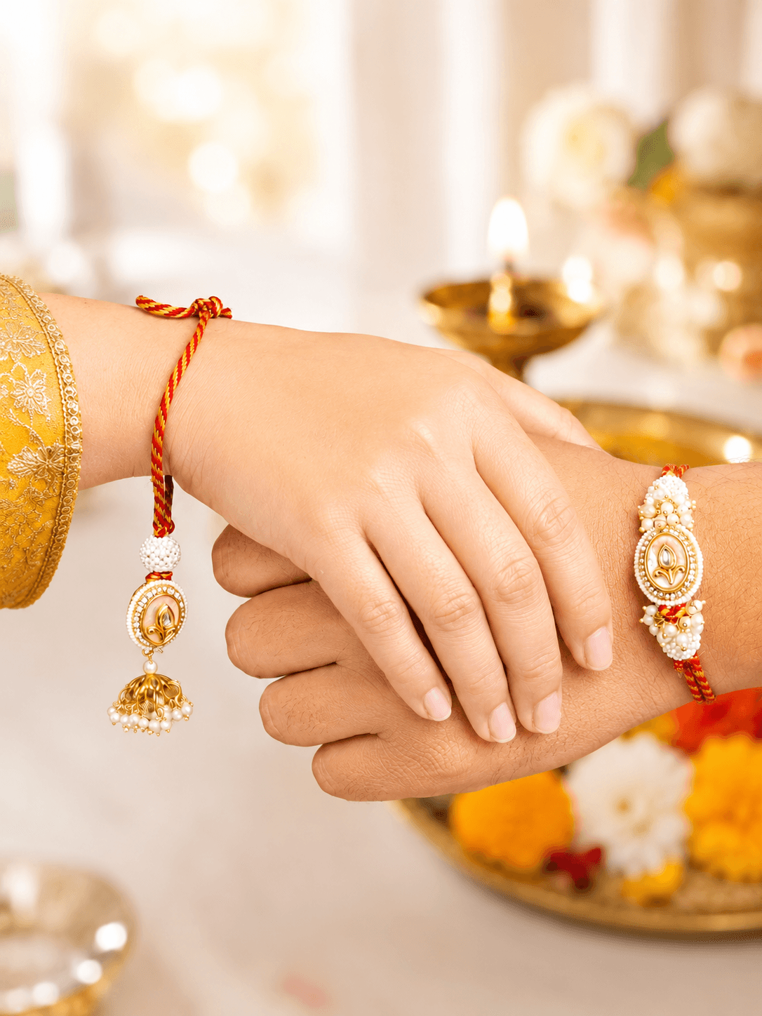 pearl kundan couple rakhi set for bhaiya bhabhi, designer rakhi 2026